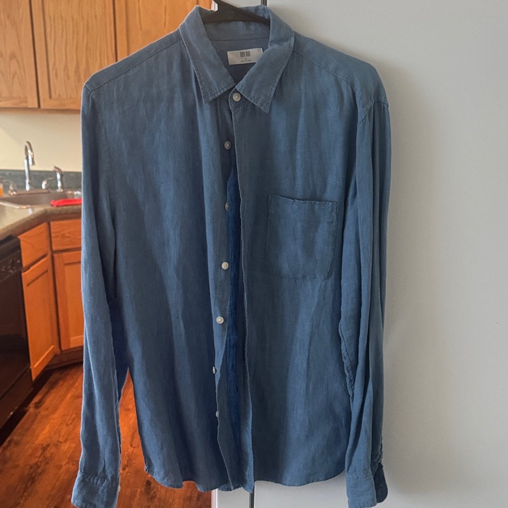 Uniqlo Dark Blue Casual Button-Down Linen Shirt